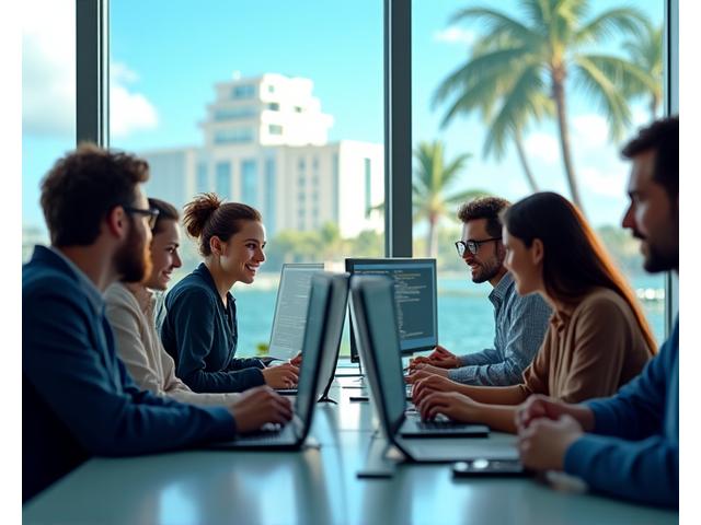 Kindred Code team collaborating in a modern Miami office with city skyline in background