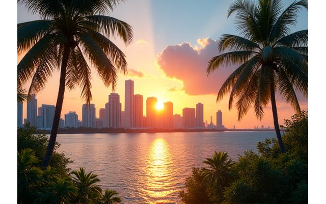 Vibrant Miami skyline at sunset highlighting the city's modern architecture