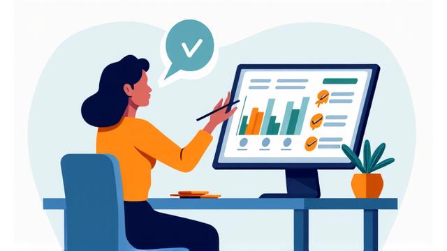 Illustration of a person analyzing charts and data on a digital tablet, representing an agile maturity assessment.