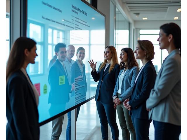 Diverse team members collaborating and strategizing in a modern, open office environment, depicting successful change management and integration.