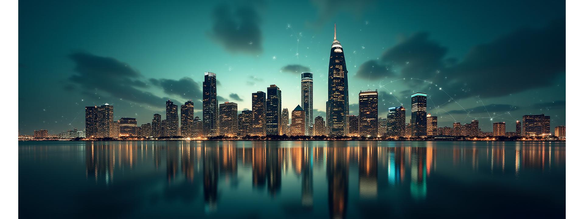 Abstract Miami skyline with digital overlay representing connectivity and innovation