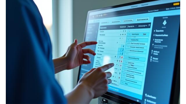 A healthcare professional interacting with a secure, modern digital patient management system on a tablet, showcasing data privacy and ease of use.