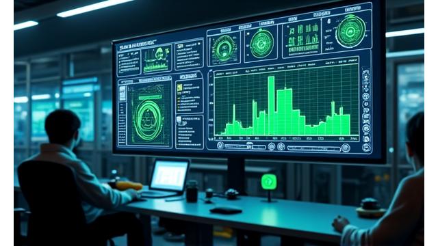 A manufacturing facility control room showing integrated digital dashboards and real-time production metrics.