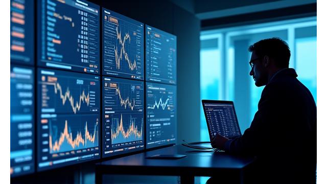 Modern financial dashboard with charts and graphs on multiple screens, showing secure data