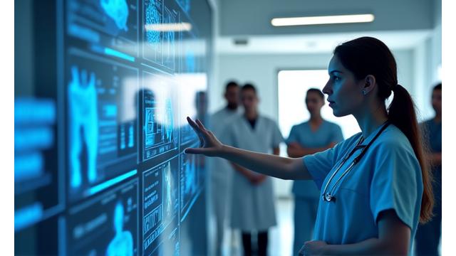 Conceptual image of modern healthcare technology, showing patient data on screens and medical staff collaborating