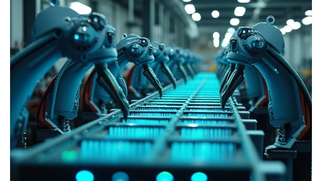 Automated manufacturing line with robotic arms assembling products, showing digital overlay of data