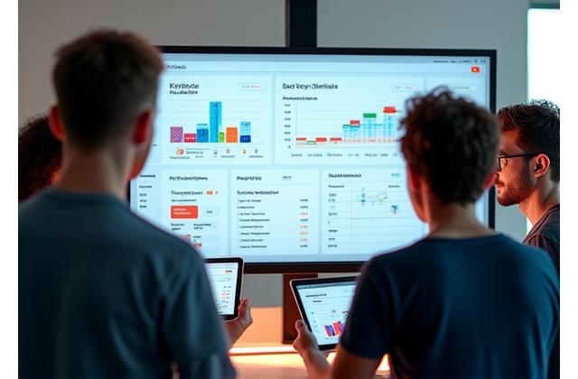 Team of developers and marketing strategists collaborating on a launch plan, with a tablet displaying app store analytics and graphs.