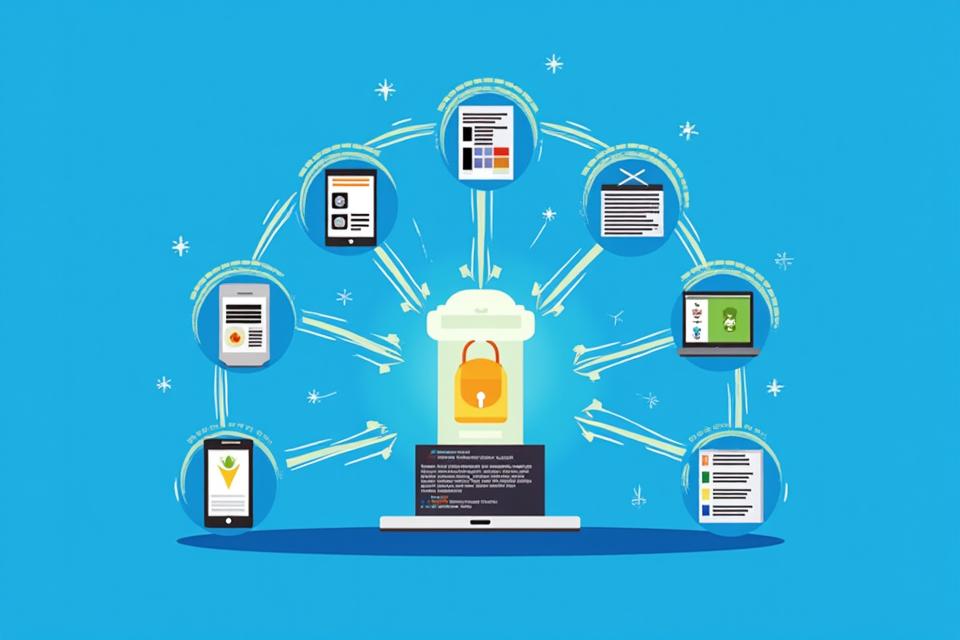 Illustration of data flow from user to secure server representation, emphasizing encryption and privacy symbols.