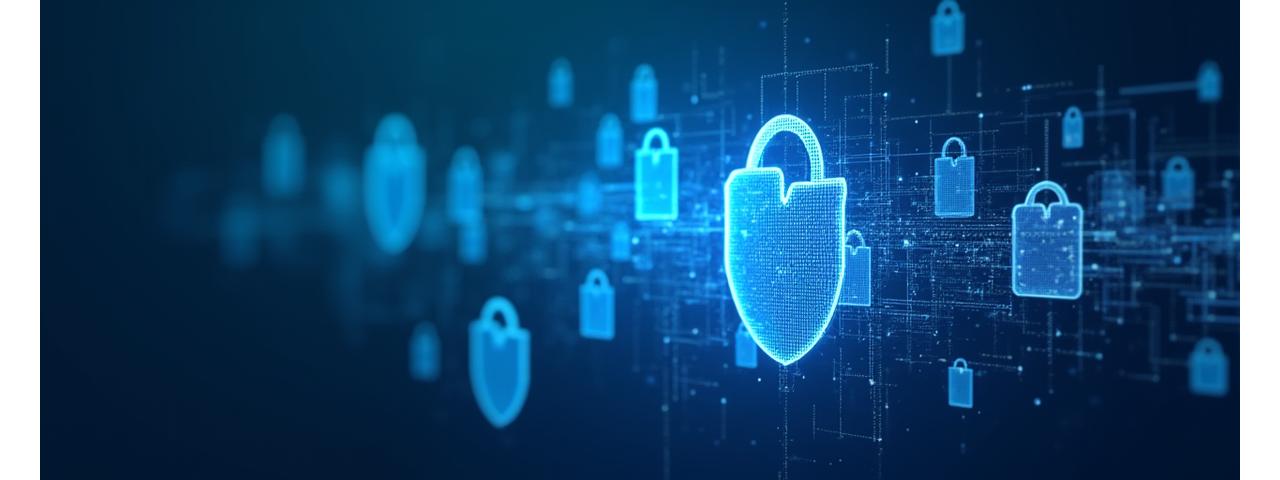 Abstract graphic representing data security and privacy, with intertwining digital shields and locks.