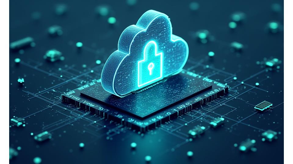 Abstract depiction of a secure cloud infrastructure, with layers of protection, firewalls, and encrypted data flow.