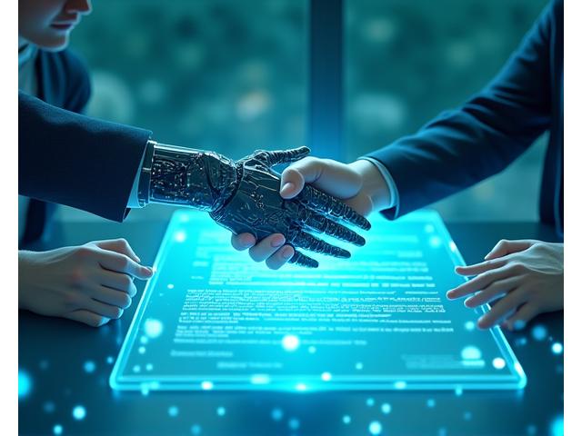 Illustration of a legal document or contract with tech icons, symbolizing agreement and partnership.