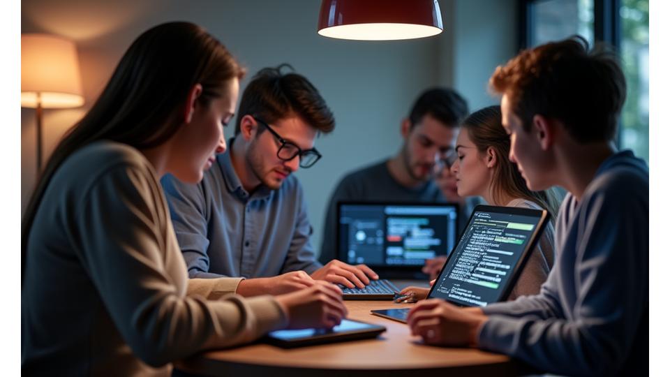A diverse group of individuals interacting with digital interfaces (e.g., someone reading a screen with magnified text, someone using a keyboard for navigation, a person with a visual impairment using a screen reader on a tablet, demonstrating inclusive design). The overall aesthetic is inviting and warm, focusing on the human element.