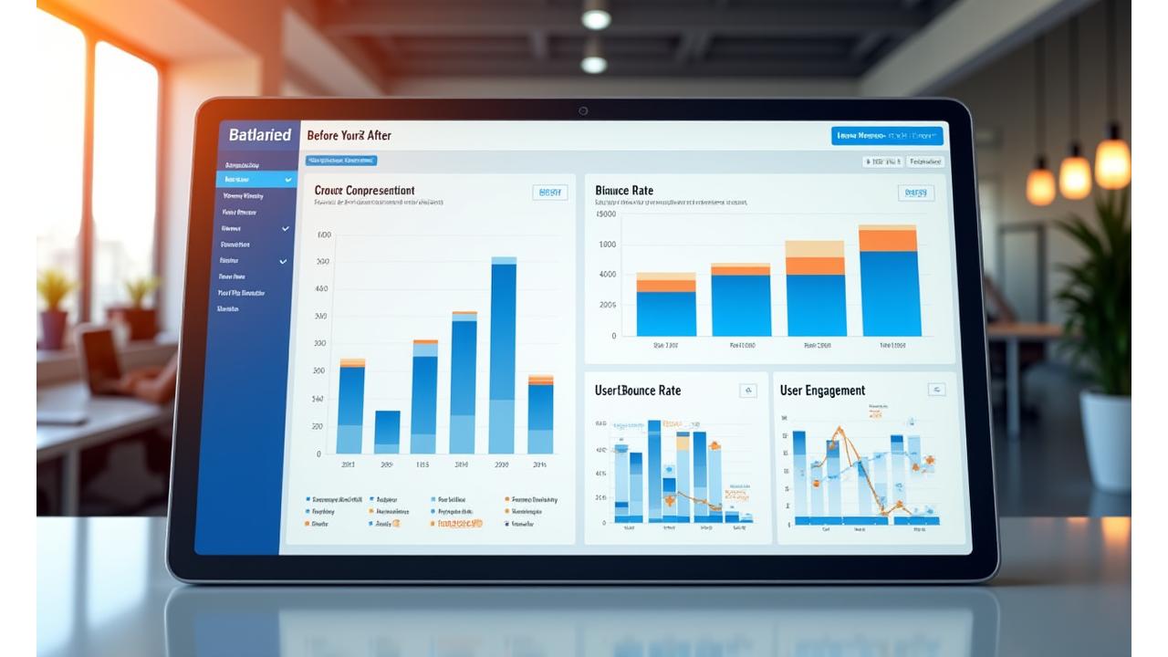 A dynamic and colorful dashboard showing uplift in key metrics like conversion rate, user engagement, and reduced bounce rate, presented with clear, impactful visualizations and 'before & after' comparison sections. The dashboard features brand colors primary blue #1D4ED8 and accent orange #F59E0B.