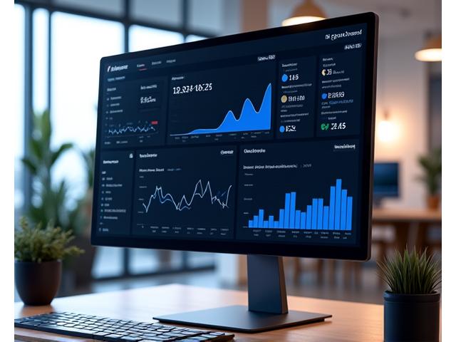 A complex but clean and user-friendly data dashboard displaying various analytics with elegant charts, graphs, and KPIs on a large monitor. The design uses a dark mode theme with primary blue (#1D4ED8) highlights for interactivity and clarity.