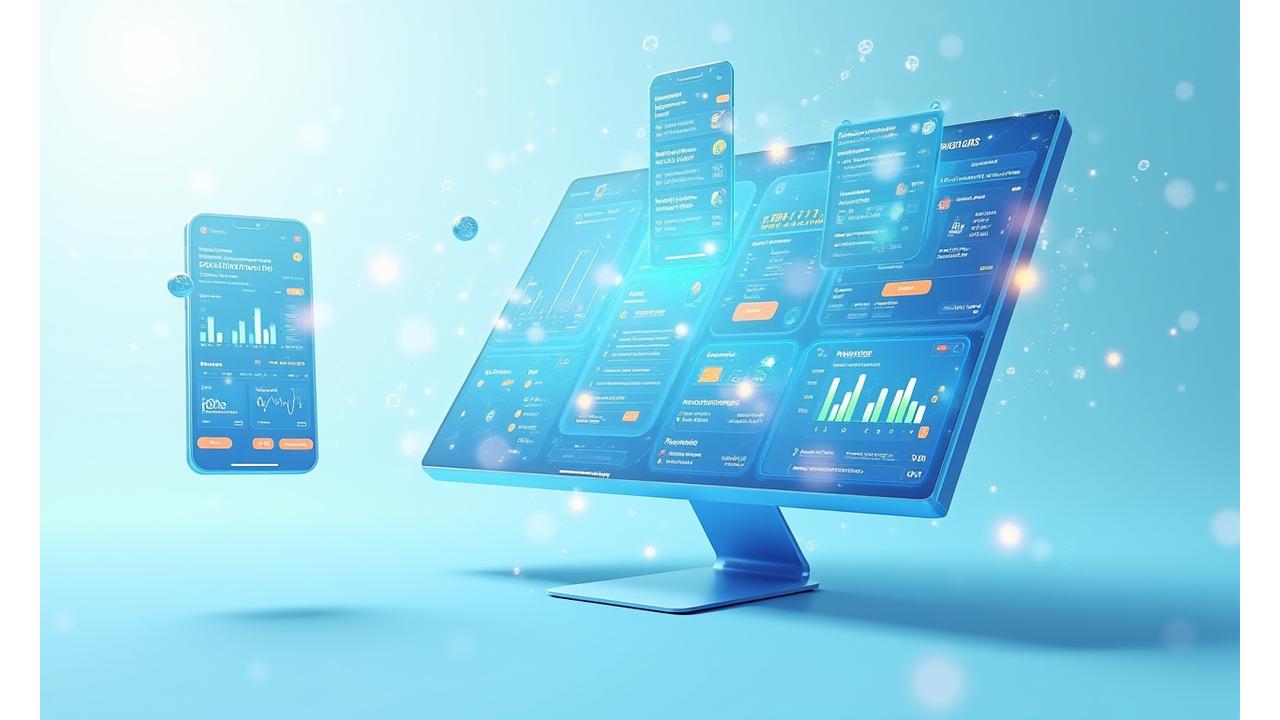 Animated showcase of a sleek mobile banking app interface on a smartphone, a minimalist project management web dashboard on a tablet, and a vibrant e-commerce product page on a desktop, all interconnected and subtly animated to show user flow and interaction. The devices float harmoniously in a clean, bright, and modern digital space.