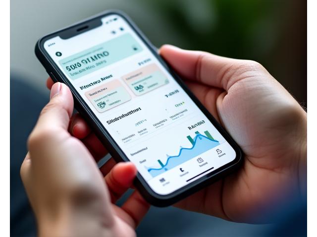 A pair of hands holding a smartphone displaying an intuitive and elegantly designed mobile application interface, specifically for financial management, with clean charts and clear data points. The interface features the brand's primary blue (#1D4ED8) and secondary green (#10B981).