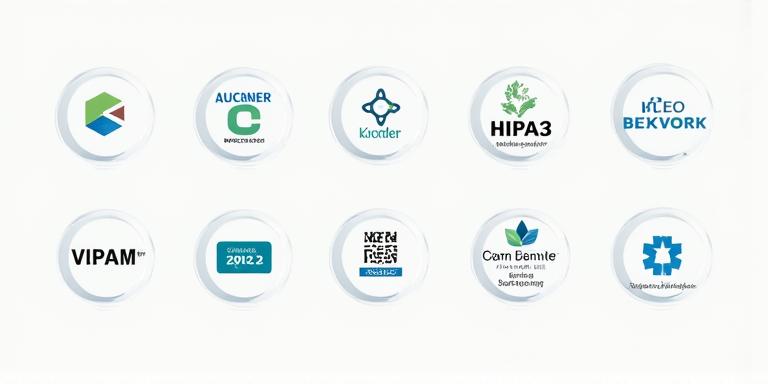 Grid of various security and compliance badges like GDPR, HIPAA, SOC 2, PCI DSS logos, symbolizing comprehensive adherence to industry and regulatory standards.