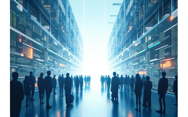 Dynamic animation showing manual workflow morphing into sleek, automated digital process with data flow